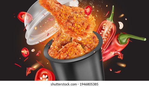 Fried Chicken with red chili splashing and Packaging mock up on solid color background, Vector realistic in 3D illustration.