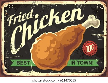 Fried chicken retro sign design concept on black background. Vintage style restaurant signboard with delicious crispy drumstick, Vector illustration.