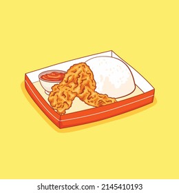 pollo frito en la ilustración de la caja de arroz