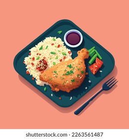 Fried chicken with fried rice, flat illustration