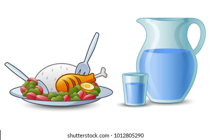 Fried chicken with rice on white plate and glass teapot 