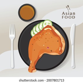 Fried chicken rice, fried chicken and rice served on a plate, vector illustration 