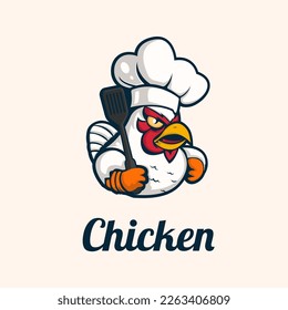 Fried chicken rooster chef mascot logo for food restaurant concept branding in vector cartoon style