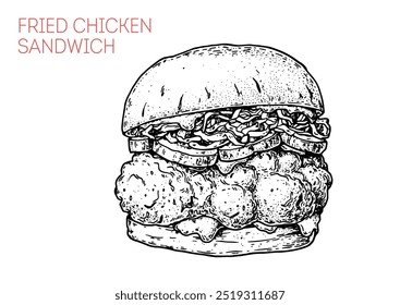 Fried chicken sandwich sketch. Hand drawn vector illustration.