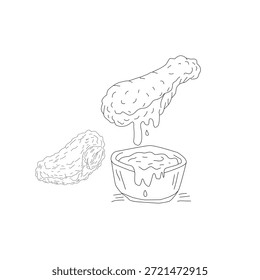 Frango Frito com Molho Doodle Line Art. Batom crocante e asas com molho derretendo. Ilustração De Comida Desenhada À Mão Isolada. Esboço Mínimo em Preto e Branco.