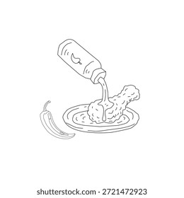 Frango Frito com Molho Doodle Line Art. Batom crocante e asas com molho derretendo. Ilustração De Comida Desenhada À Mão Isolada. Esboço Mínimo em Preto e Branco.