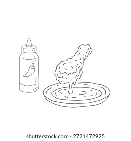 Frango Frito com Molho Doodle Line Art. Batom crocante e asas com molho derretendo. Ilustração De Comida Desenhada À Mão Isolada. Esboço Mínimo em Preto e Branco.