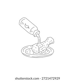 Frango Frito com Molho Doodle Line Art. Batom crocante e asas com molho derretendo. Ilustração De Comida Desenhada À Mão Isolada. Esboço Mínimo em Preto e Branco.