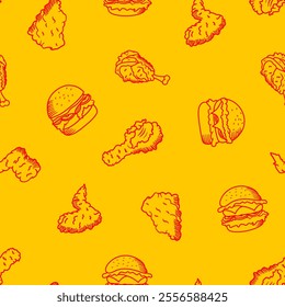 fried chicken seamless pattern background. doodle fried chicken pattern background. fast food background. Chicken leg pattern. Chicken wings pattern. burger.