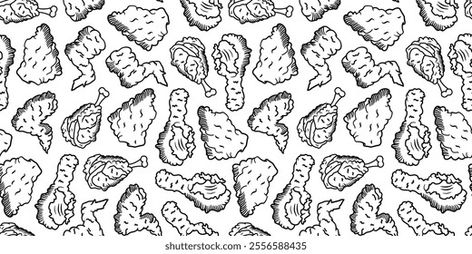 fried chicken seamless pattern background. doodle fried chicken pattern background. fast food background. Chicken leg pattern. Chicken wings pattern. burger.