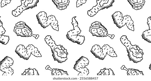 fried chicken seamless pattern background. doodle fried chicken pattern background. fast food background. Chicken leg pattern. Chicken wings pattern. burger.