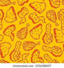 fried chicken seamless pattern background. doodle fried chicken pattern background. fast food background. Chicken leg pattern. Chicken wings pattern. burger.