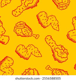 fried chicken seamless pattern background. doodle fried chicken pattern background. fast food background. Chicken leg pattern. Chicken wings pattern. burger.