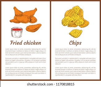 Fried chicken served with ketchup sauce in bowl and potatoes slices chips posters set. Fast food dishes with info about meal below vector illustration