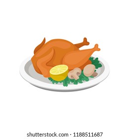 Fried chicken served with lemon, mushrooms and lettuce leaves on a plate vector Illustration on a white background