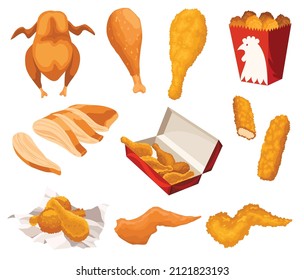 Fried chicken set. Crispy fried chicken pieces isolated on white background. Beautiful delicious in cartoon style. Fresh fast food fry meat. Hot wings, drumsticks, crispy strips