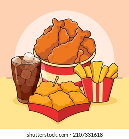 Fried chicken set menu food illustration vector. (Nuggets Chicken, French Fries and Cola Drink)