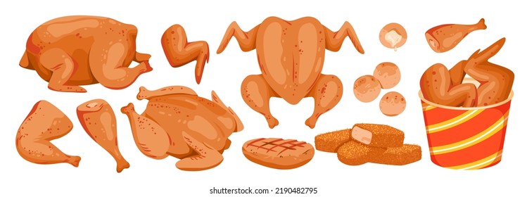 Fried chicken set vector illustration. Cartoon isolated hot roasted fillet from breasts, tasty spicy drumsticks and wings in box, nuggets and grilled chicken cutlets for poultry menu collection svg