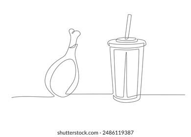 Fried chicken and soft drinks. Fast food concept one-line drawing