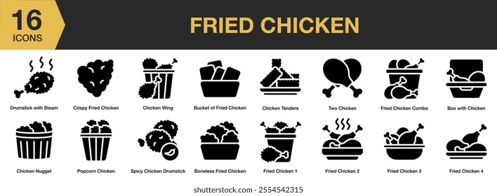 Fried Chicken solid icon set. Includes drumstick, wing, crispy, popcorn, nugget, and More. Solid icons vector collection.