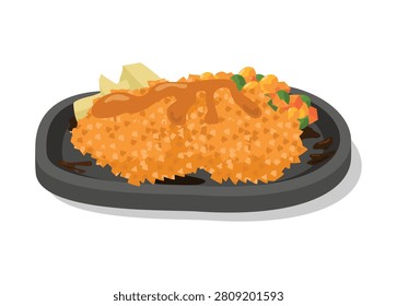 Fried chicken steak with brown sauce topping on a hotplate. Simple flat illustration.