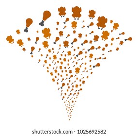 Fried Chicken stream fountain. Vector illustration style is flat iconic symbols. Object fountain constructed from random icons as fried chicken fireworks.