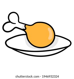 fried chicken thigh food on a plate. cartoon emoticon. doodle icon drawing, vector illustration