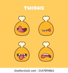 fried chicken thighs cartoon. food vector illustration. with different mouth expressions. cute cartoon