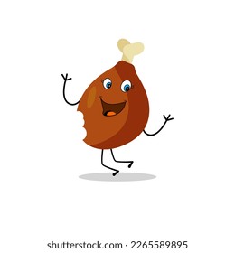 Pollo frito, icono de muslos de pollo, icono de pollo frito vectorial, emoji lindo con cara feliz, comida rápida o diseño de menú a la parrilla. Comida divertida y feliz para los niños. Icono de comida kawaii.