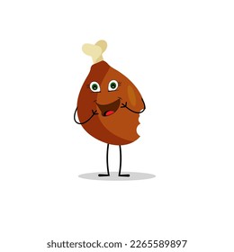 Fried chicken, chicken thighs icon, vector fried chicken icon, cute emoji with happy face, fastfood or grill menu design. Funny food happy meal for children. Kawaii food icon.