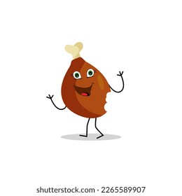 Fried chicken, chicken thighs icon, vector fried chicken icon, cute emoji with happy face, fastfood or grill menu design. Funny food happy meal for children. Kawaii food icon.