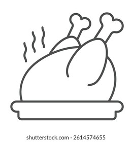 Fried chicken thin line icon, thanksgiving day concept. Vector graphics. Hot turkey on plate sign on white background, linear style icon for mobile or web design