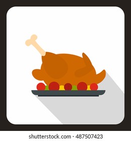 Fried chicken with tomatoes icon in flat style with long shadow. Food symbol vector illustration