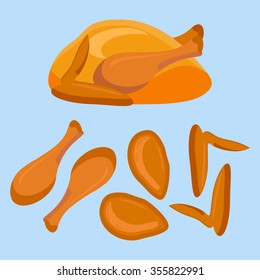Fried chicken or turkey and its parts isolated on blue background. Vector illustration.