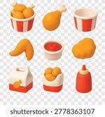 Fried Chicken Vector Icon Set | 3D icon set | bucket fried chicken, drumstick, bucket, wing, tomato dipping sauce, chicken nugget, takeaway meal box, fried chicken bites, sauce bottle
