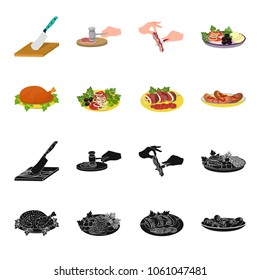 Fried chicken, vegetable salad, shish kebab with vegetables, fried sausages on a plate. Food and Cooking set collection icons in black,cartoon style vector symbol stock illustration web.