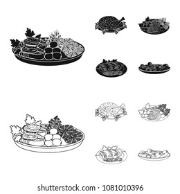 Fried chicken, vegetable salad, shish kebab with vegetables, fried sausages on a plate. Food and Cooking set collection icons in black,outline style vector symbol stock illustration web.