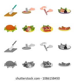 Fried chicken, vegetable salad, shish kebab with vegetables, fried sausages on a plate. Food and Cooking set collection icons in cartoon,monochrome style vector symbol stock illustration web.