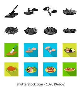 Fried chicken, vegetable salad, shish kebab with vegetables, fried sausages on a plate. Food and Cooking set collection icons in black,flet style vector symbol stock illustration web.