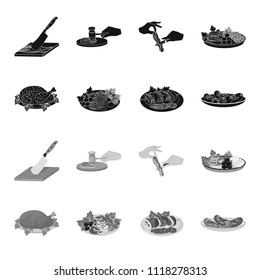 Fried chicken, vegetable salad, shish kebab with vegetables, fried sausages on a plate. Food and Cooking set collection icons in black,monochrome style vector symbol stock illustration web.