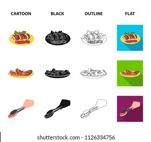 Fried chicken, vegetable salad, shish kebab with vegetables, fried sausages on a plate. Food and Cooking set collection icons in cartoon,black,outline,flat style vector symbol stock illustration web.