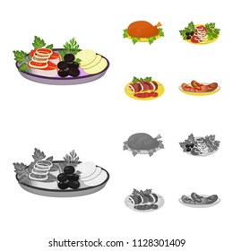 Fried chicken, vegetable salad, shish kebab with vegetables, fried sausages on a plate. Food and Cooking set collection icons in cartoon,monochrome style vector symbol stock illustration web.
