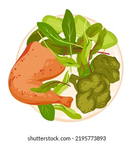 Fried Chicken With Vegetable Salad, Top View Of Meat Restaurant Meal Vector Illustration. Cartoon Isolated Plate With Hot Grilled Chicken, Cooked Broccoli And Lettuce Leaf, Delicious Healthy Bowl