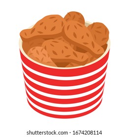 Fried chicken in white-red bucket. Vector image isolated on white background. EPS 10