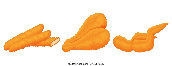 Fried chicken wings, chicken legs and chicken meat sticks.Vector illustration isolated on a white background.