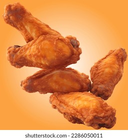 Fried chicken wings in motion, fallen chicken wings for promo, flying, 3d, realistic