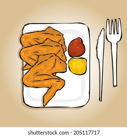 Fried chicken wings on a white paper plate with mustard and ketchup. Round bun and plastic cutlery. Beer snack