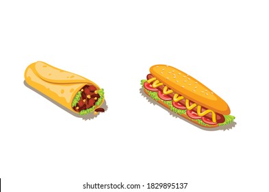 Fried Chinese spring roll and Long crispy chicken burger with mayonnaise vector illustration isolated on white background
