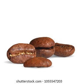 Fried coffee beans. Arabic. Fragrant coffee. Robusta. Vector illustration. Coffee ingredients in triangulation technique. Coffee low poly.