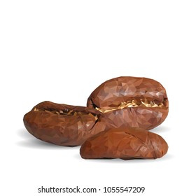 Fried coffee beans. Arabic. Fragrant coffee. Robusta. Vector illustration. Coffee ingredients in triangulation technique. Coffee low poly.